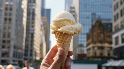 Urban Summer Bliss: Hand Holding Ice Cream Cone in City