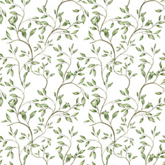 Seamless leaves pattern with abstract floral background with watercolor texture in green. Flower garden prepared for textile digital printing or card