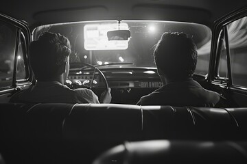 Black and white image of two people enjoying a night drive in a classic car