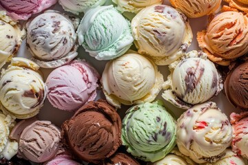 A variety of tasty ice cream flavors in an appealing arrangement, filling the frame to create a vibrant and colorful background. A backdrop for menus, advertisements, or food blogs