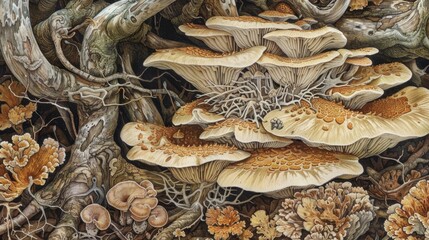 Enchanting Forest Fungi: Intricate Mushroom and Lichen Illustration