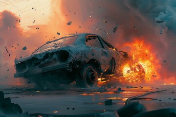 Dramatic image depicting a fiery car explosion amidst a storm of debris