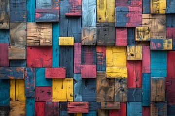 Vibrant Reclaimed Wood Wall Design with Geometric Shapes and Contrasting Colors, Ideal for Editorial Fashion Shoots.