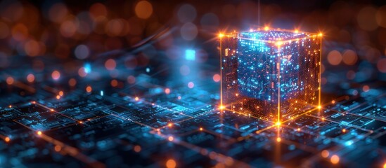 3d rendering of a futuristic computer modeling a blue digital cube