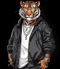 Fototapeta premium A tiger wearing glasses and a black jacket. The tiger is wearing a lot of jewelry and has tattoos on his arms. Generative AI