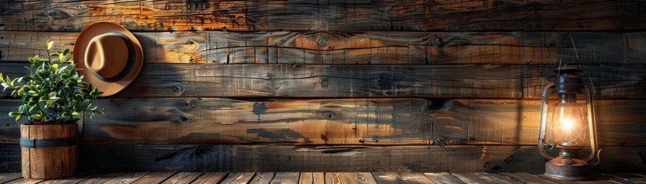 Authentic Western Saloon Wall with Aged Wood Panels, Bullet Marks, Wanted Posters, Lantern, and Cowboy Hat, Evoking Old West Ambiance.