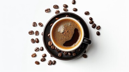A cup of coffee on a saucer with coffee beans scattered around it on a white background.