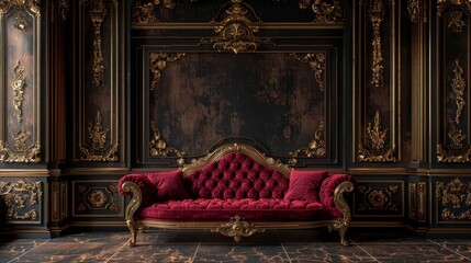 Luxurious Edwardian-Style Wall Backdrop with Dark Wood Panels and Rich Burgundy Fabric Inserts, Ideal for Classic Portraits in a Regal Setting.