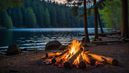 Lakeside Retreat, Campfire Crackles in the Forest by the Tranquil Waters.
