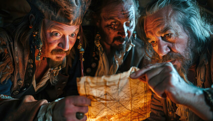 Fototapeta premium A group of pirates look at an old map, with one pirate holding the paper and pointing to its location.