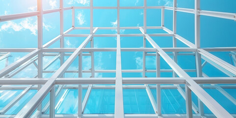 White steel frame structure on  blue sky background,