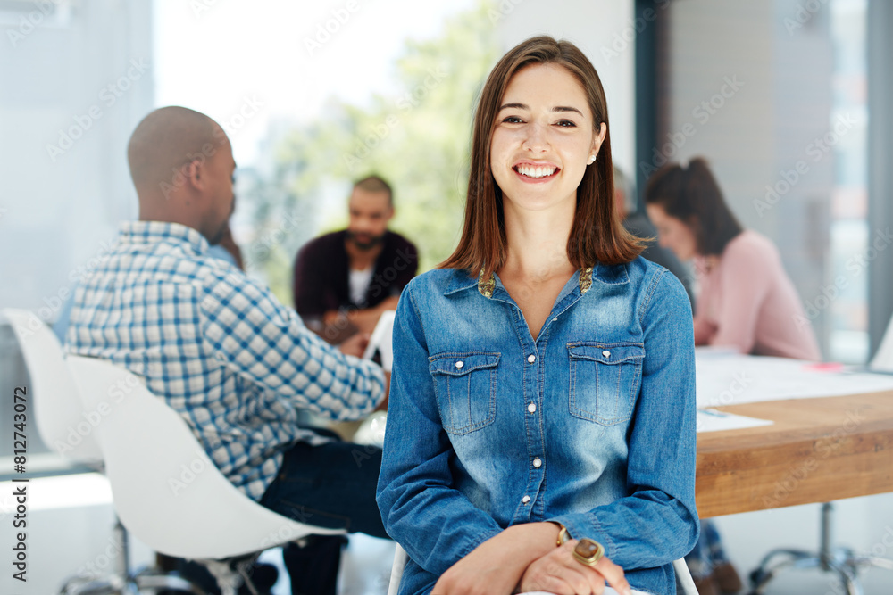 Canvas Prints Business meeting, portrait and woman with people in office for teamwork, collaboration and planning. Coaching, training and happy intern at startup company for learning, opportunity or career growth