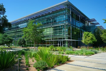 Environmental Sustainability, Eco-friendly Office Building with Green Roof and Energy-efficient Lighting