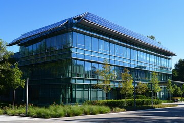 Fototapeta premium Environmental Sustainability, Eco-friendly Office Building with Green Roof and Energy-efficient Lighting