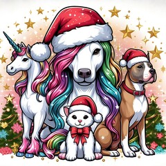 Many animals include dogs cats unicorns with santa hats and unicorns art realistic photo lively card design illustrator.