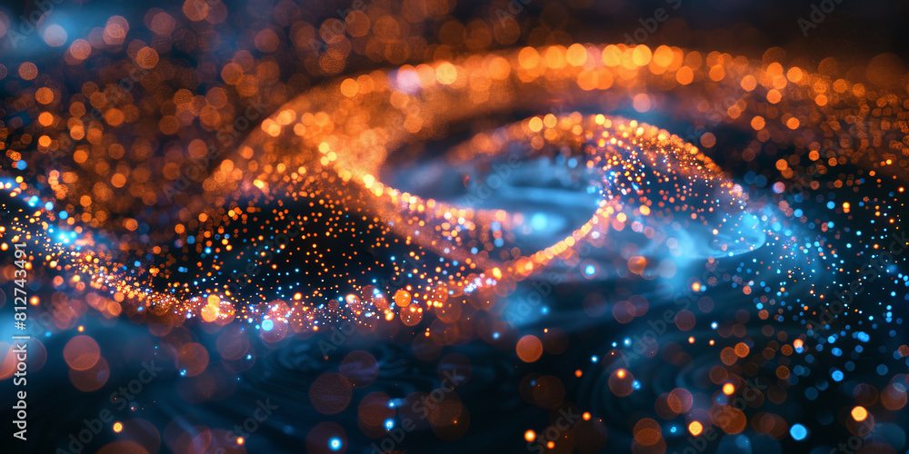 Poster abstract dark blue orange fast moving binary computer data. high speed motion blur, technology, mach