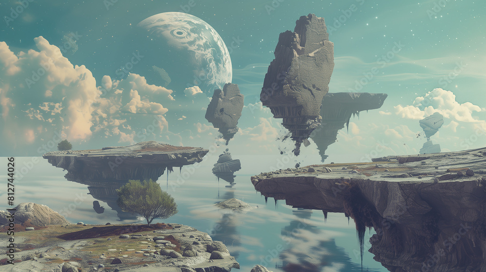 Poster a futuristic landscape with a river running through it. the sky is cloudy and the landscape is full 
