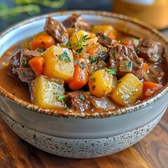 A bowl of hearty beef stew, filled with chunks of meat and vegetables. Warm up with every spoonful.