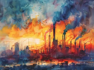 A watercolor painting of an industrial city