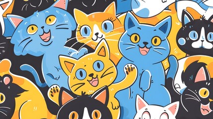 Vibrant Cluster of Cartoon Cats in Playful and Colorful Design Pattern