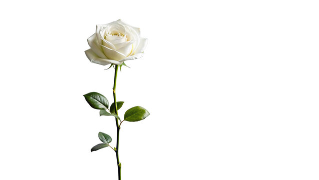 Single white rose long stem vertical stand pose isolated on transparent background 