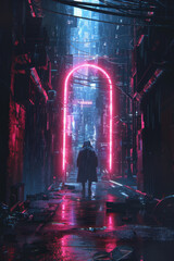 Character steps through dimensional portal in urban alley