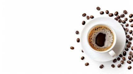White cup of coffee on white background with scattered coffee beans