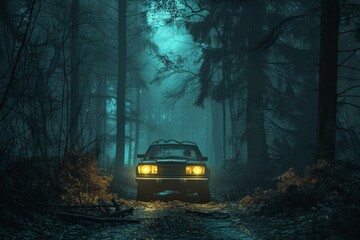 Vintage car with headlights on driving down a foggy forest road at night, creating a mystical atmosphere