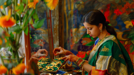 beautiful indian woman, mother in traditional Indian clothes, near mirror, holds a gold jewelry