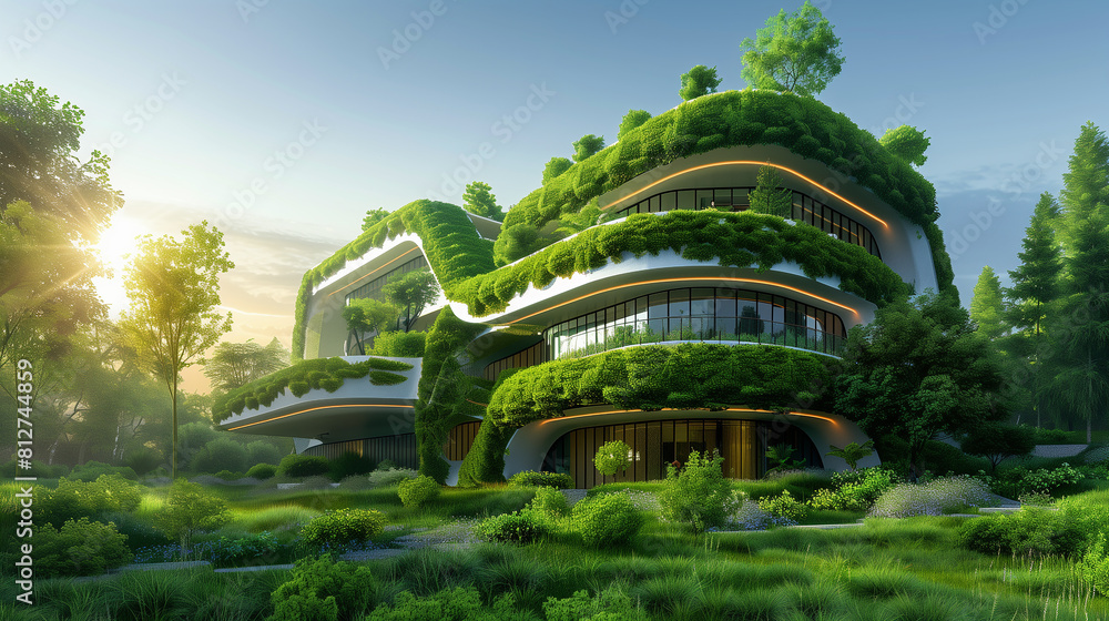 Poster a large building with a lot of greenery on it. the building is surrounded by a body of water and the