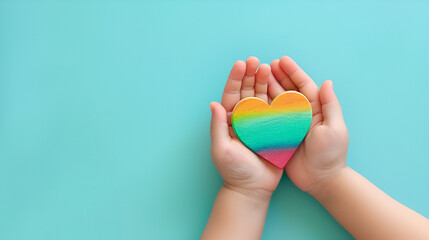 Kid hand holding colorful heart on light blue background, generative ai