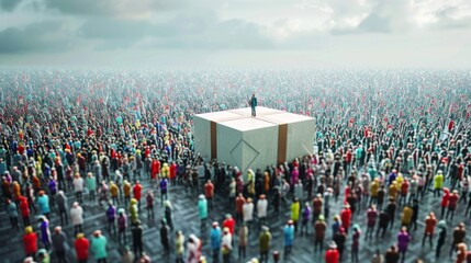 Concept or conceptual large community of people as the image of a present wrapped in a box. A 3d illustration metaphor for celebration, birthday, anniversary, holiday, christmas, surprise, friendship