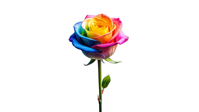 Single rainbow rose long stem vertical stand pose isolated on transparent background 