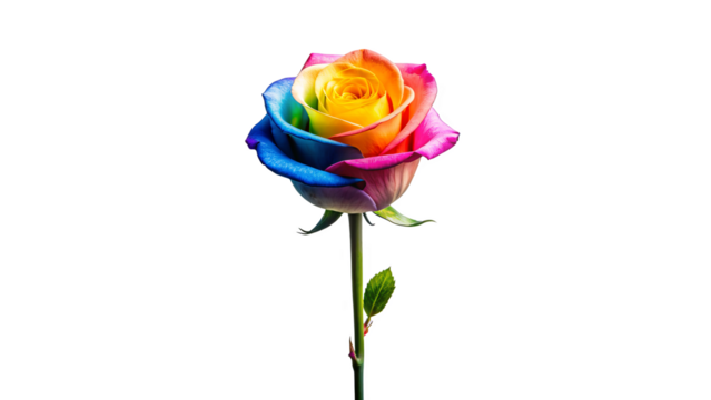 Single rainbow rose long stem vertical stand pose isolated on transparent background 