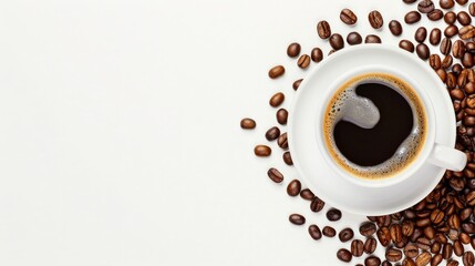 White cup of coffee on white background with scattered coffee beans.
