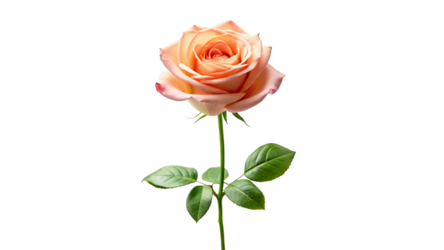 Single salmon rose long stem vertical stand pose isolated on transparent background 