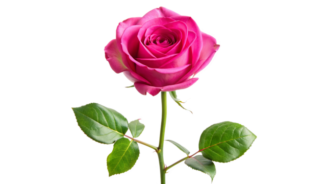 Single hot pink rose long stem vertical stand pose isolated on transparent background 