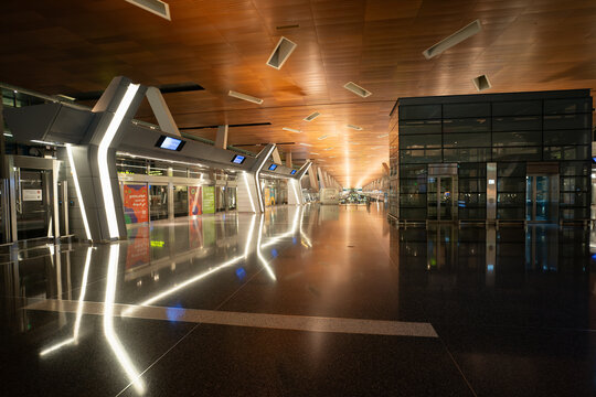 DOHA, QATAR - OCTOBER 13, 2023: view of Hamad International Airport passenger train station.