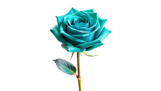 Single teal rose long stem vertical stand pose isolated on transparent background 