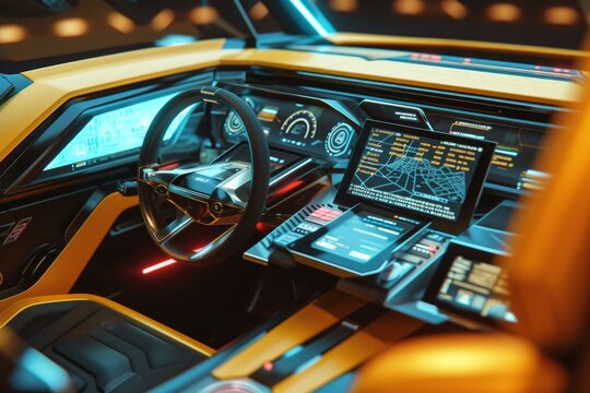 Closeup of a modern vehicle's interior featuring hightech dashboard and controls