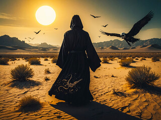 Illustration of a Grim Reaper in the desert looking at the evening sun, AI Generative