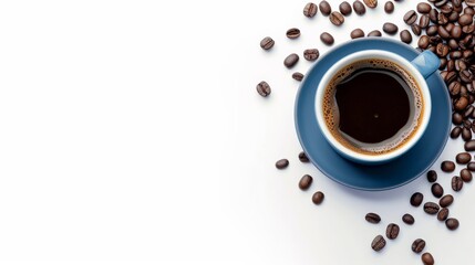 Blue cup of coffee on white background with scattered coffee beans.
