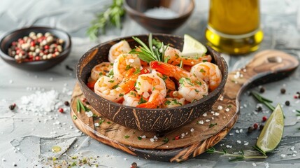 Shrimps with herbs in coconut bowl with lime herbs spices and salt in the plate on marble wooden
