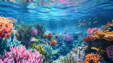 A colorful underwater scene with a variety of fish and coral. Scene is vibrant and lively, with the bright colors of the fish and coral creating a sense of energy and movement