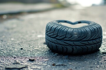 Closeup of a discarded tire on a damp road with a blurry background