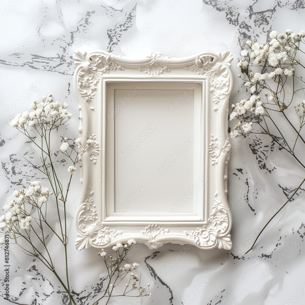 Poster a white picture frame with an empty space inside, sitting on top of a marble surface.a white picture
