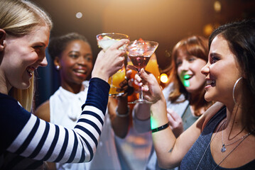 Women, happy and cheers in club for party or event for nightlife, bonding and friendship with fun...