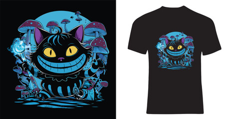 whimsical anime character resembling a Cheshire cat from Halloween, with a psychedelic twist, set in a wonderland world.