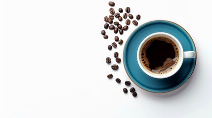 White background with a blue coffee cup full of black coffee and scattered coffee beans.