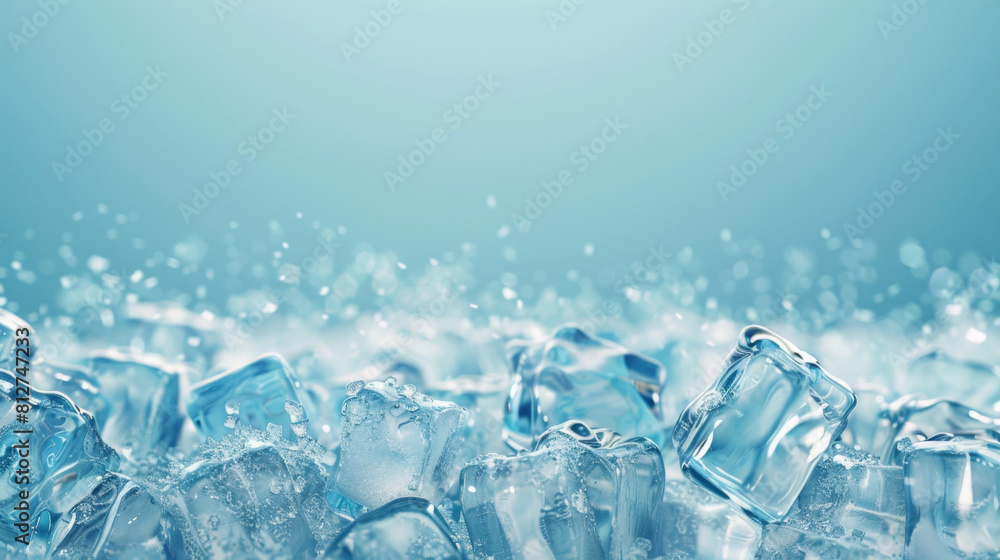 Poster refreshing scene with sparkling clear ice cubes against a serene blue background, perfect for cold b